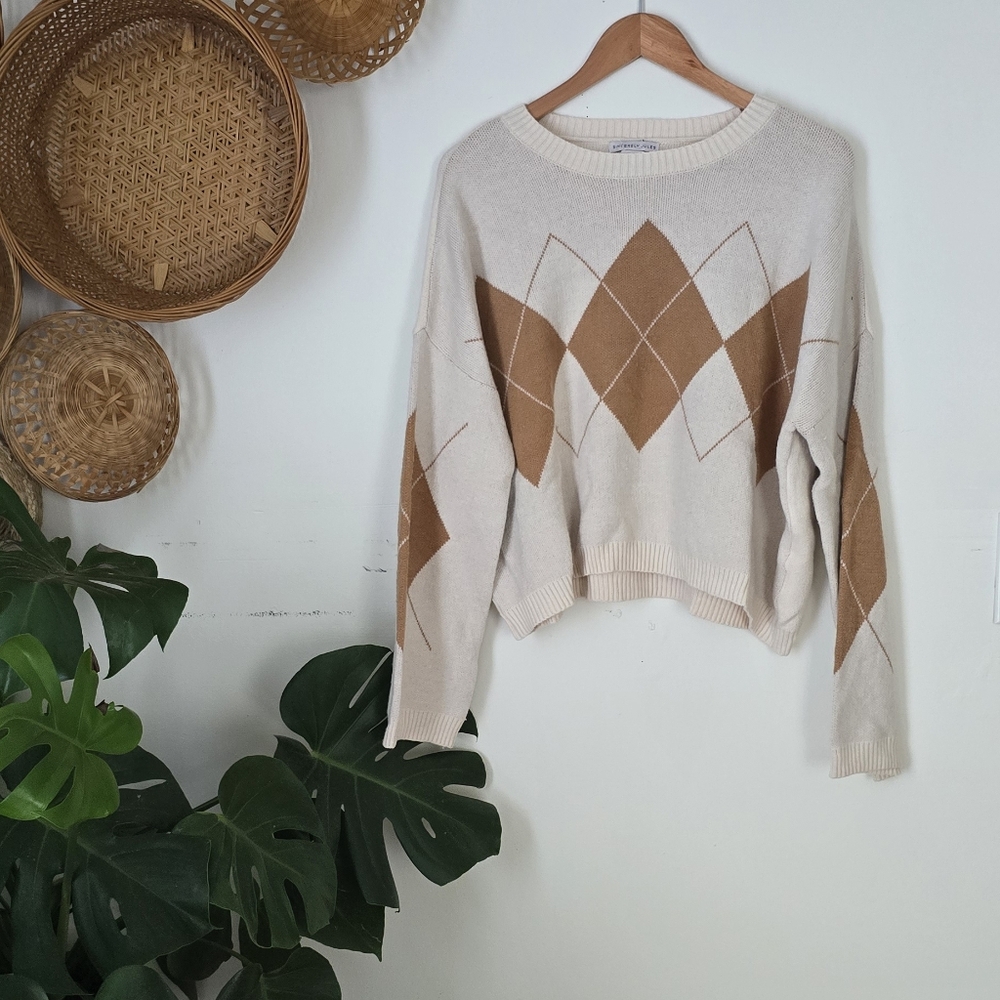 Sincerely Jules Cream and Brown Argyle Sweater